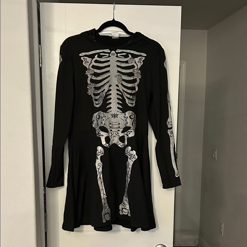 Spirit Black Hooded Dress with Skeleton Design